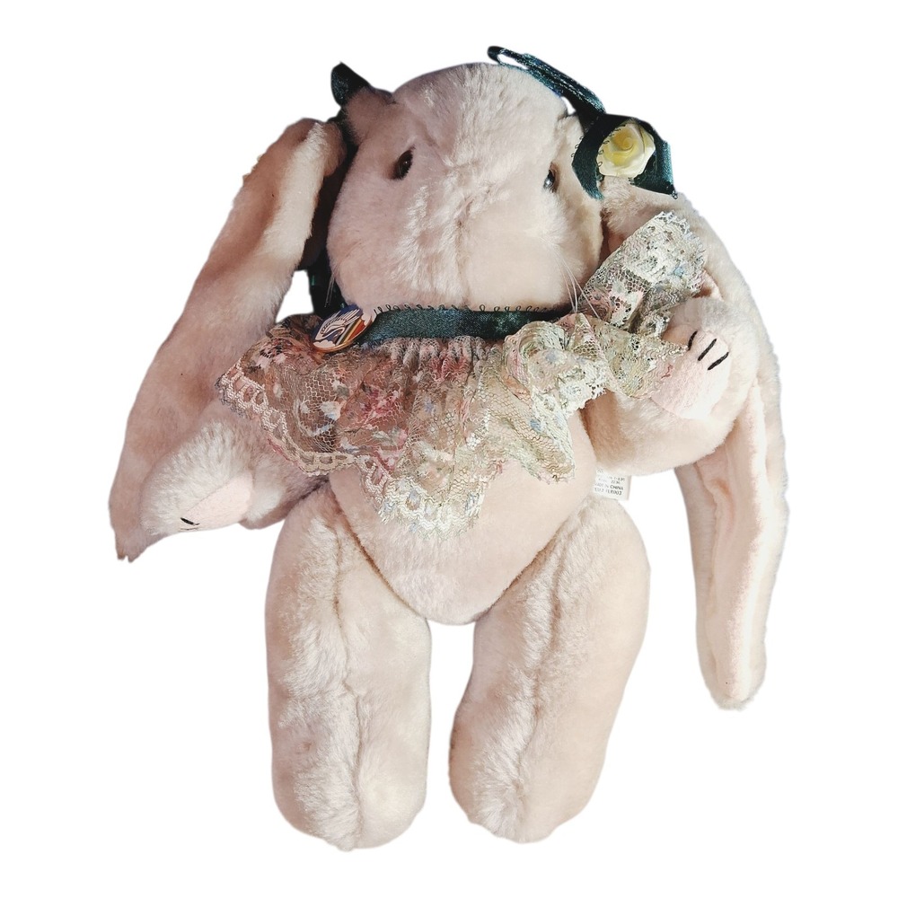 Vintage Long Eared Jointed Bunny Rabbit w Lace Collar Bows Wangs International